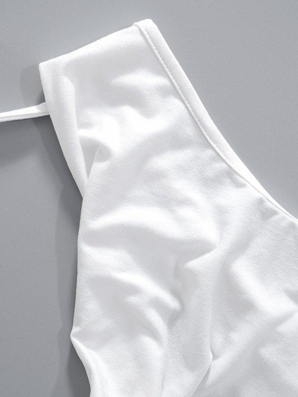 Backless Lace-Up See-Through Solid Color Split-Joint Loose Skinny Off-The-Shoulder T-Shirts Tops