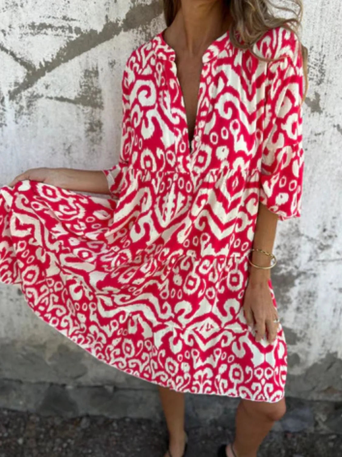 Plus Size Ethnic Print Notched Half Sleeve Midi Dress