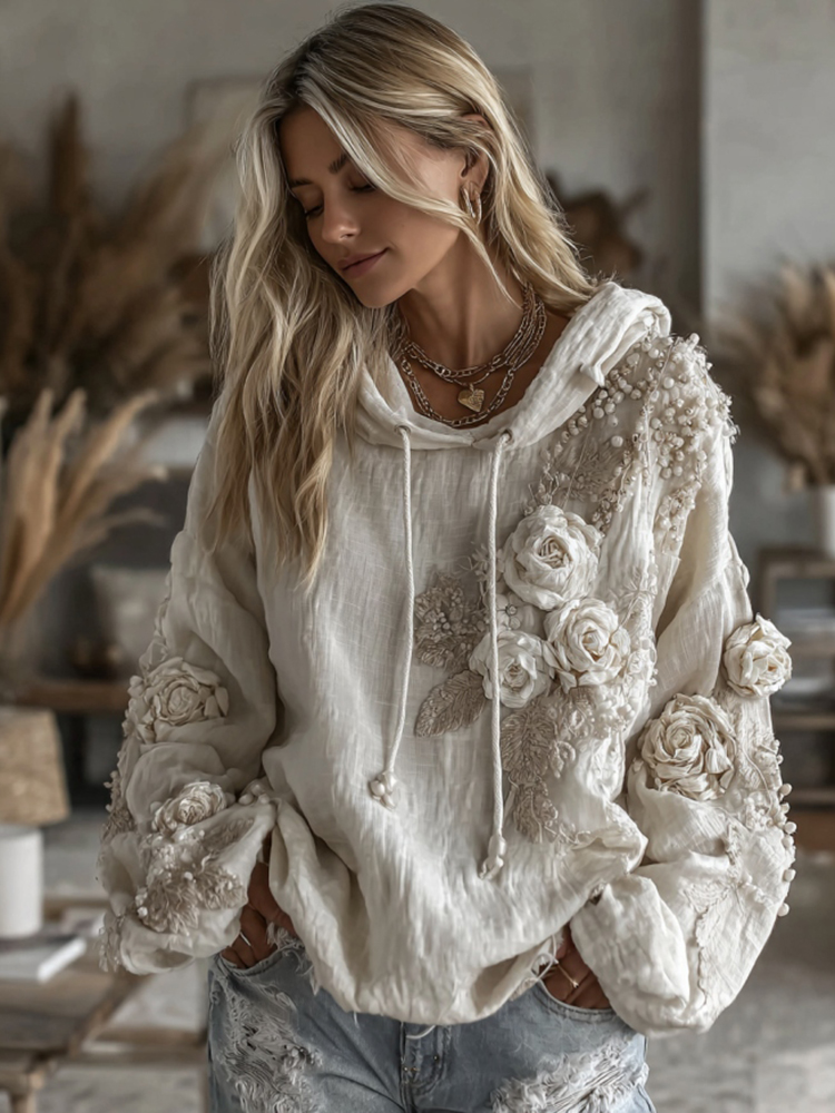 Women's Vintage White Floral Art Casual Warm Hoodie