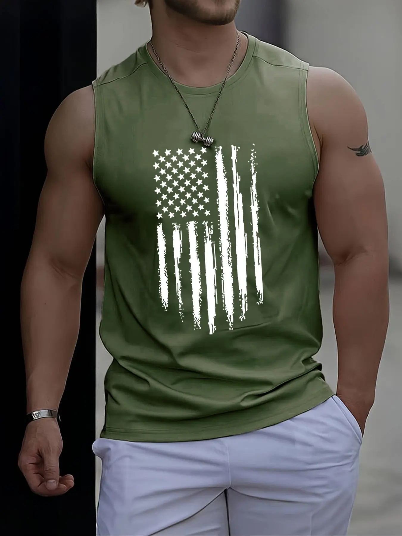 Men's American Flag Graphic Print Round Neck Tank Top Vest