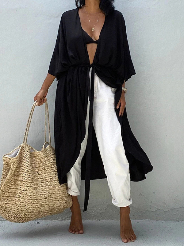 Solid Color Batwing Sleeves Bohemia Cover-Up