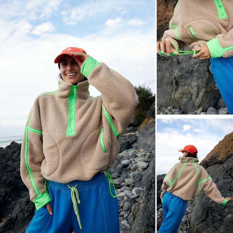 Women's Half Zip Sherpa Fleece Pullover – Color Block Oversized Cozy Sweatshirt with Pockets