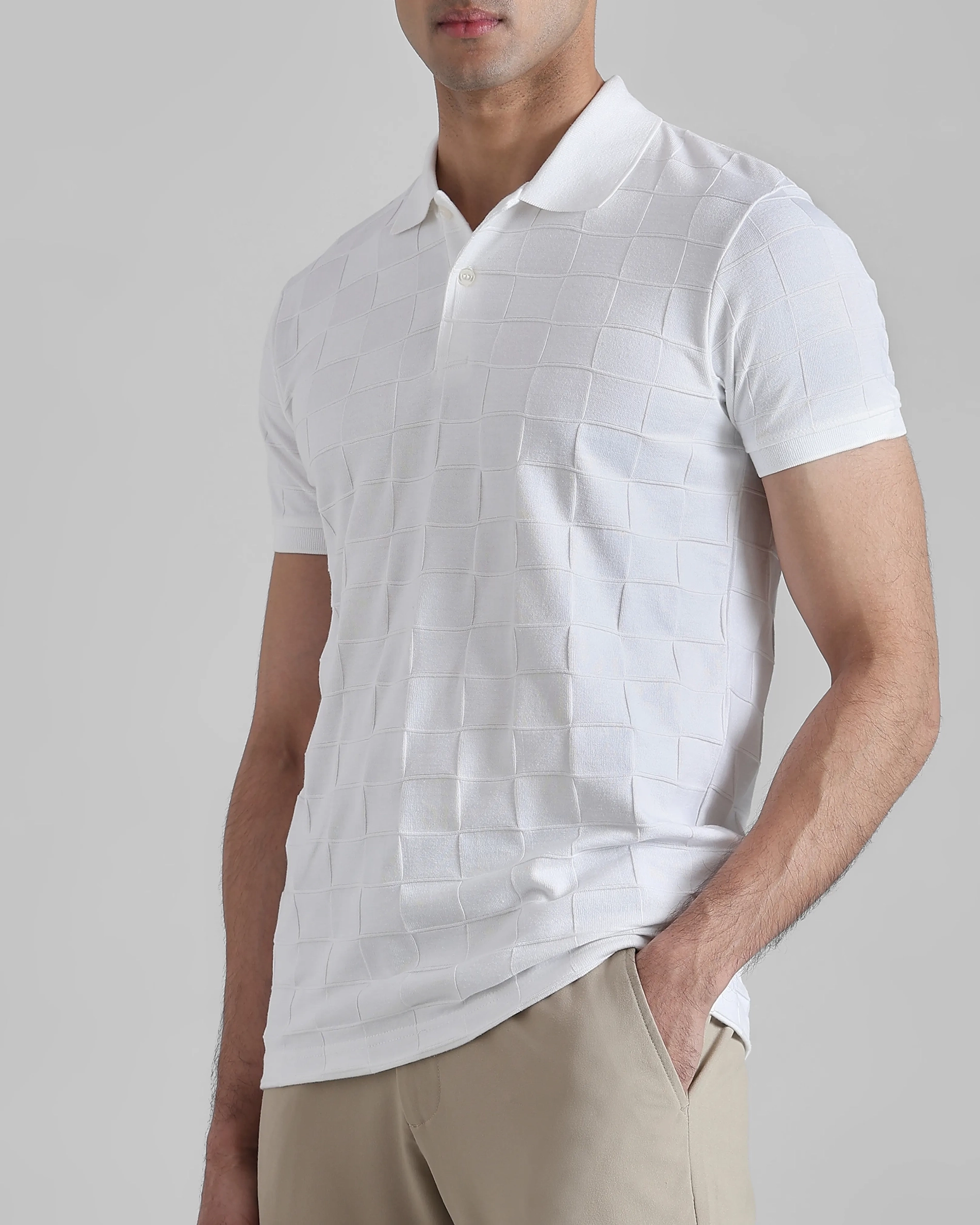 Casual Minimalist White Plaid Texture Polo Shirt