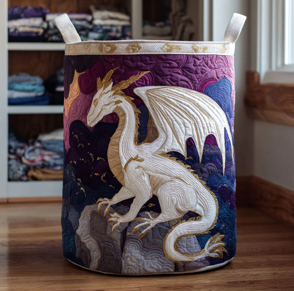 Mythical Dragon Pattern Quilted Laundry Basket Eco-Friendly Machine Washable Storage Organizer for Home Fantasy Themed Room Decor | Dragon