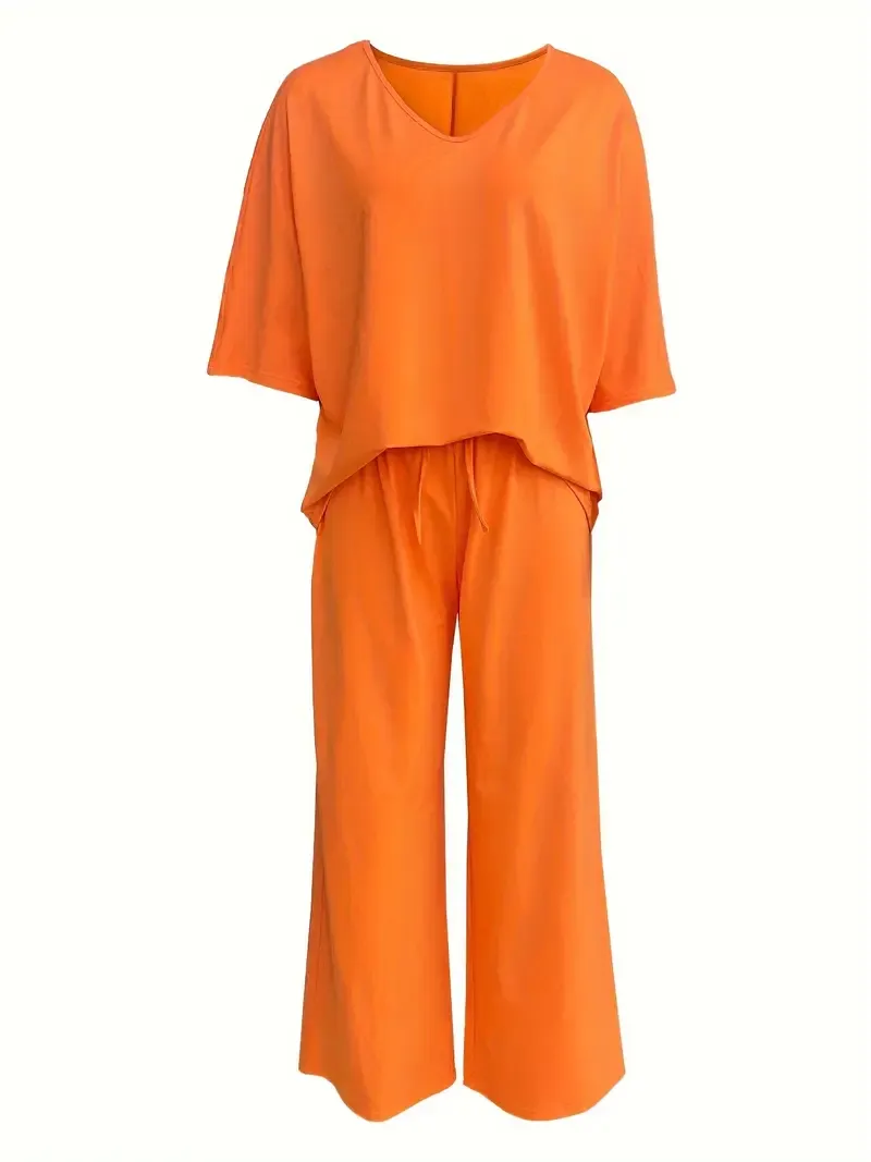 Women's Casual Solid Color Pants Set with V-Neck Top and Wide Leg Pants