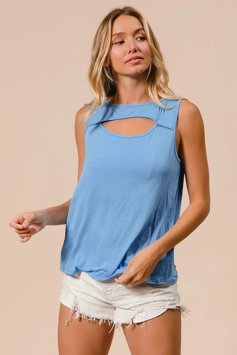 Rayon Span Knit With Cut Out Front Sleeveless Top