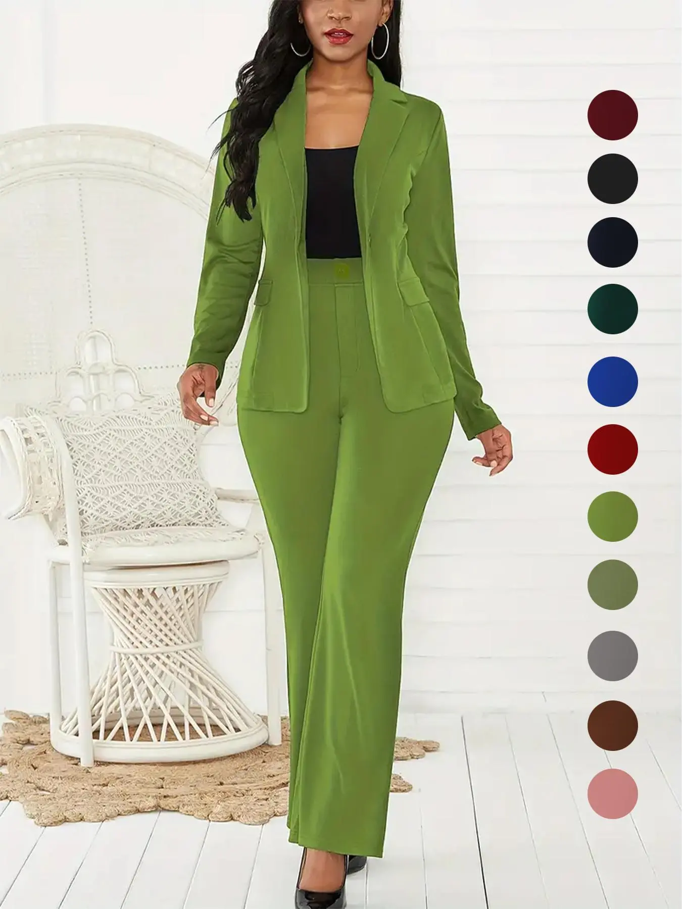 Women's Two-Piece Set Plain Button Lapel Blazer & Suit Pants