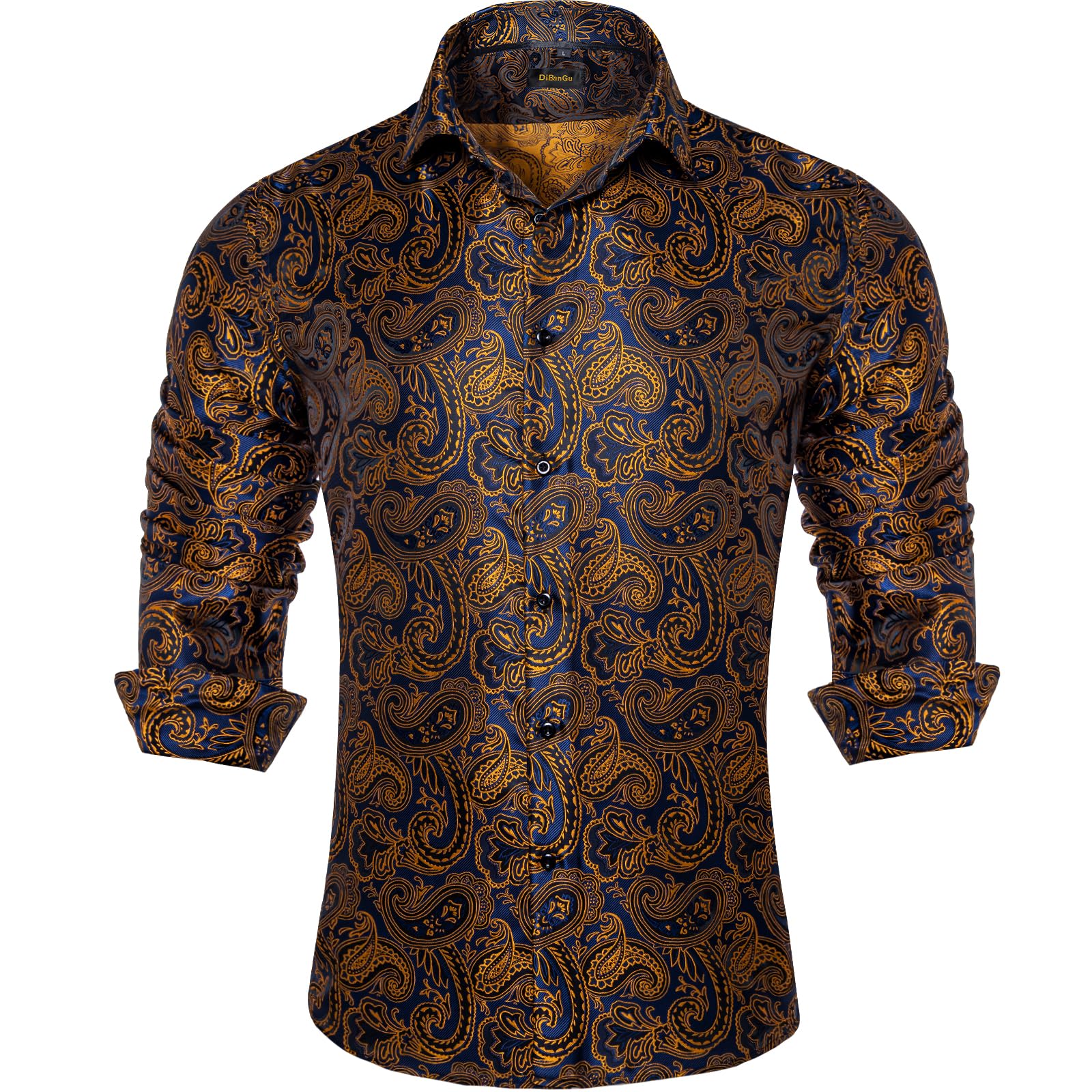 Men's Paisley Dress Shirt Long Sleeve Wrinkle Free Button Down Cowboy Shirts - Blue&orange&paisley