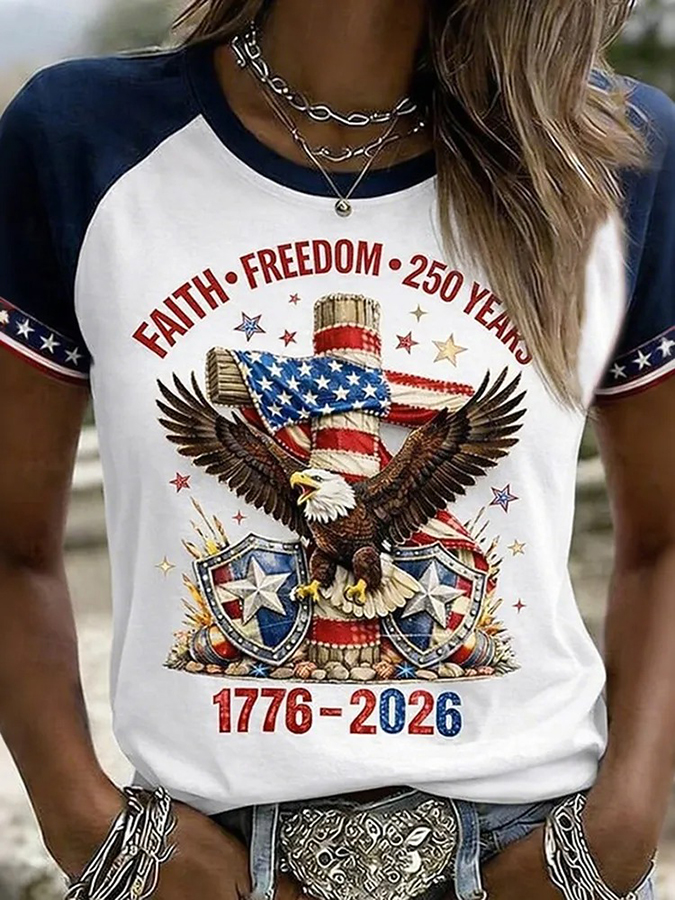 Women's American 250th Anniversary Patriotic Print Round Neck T Shirt