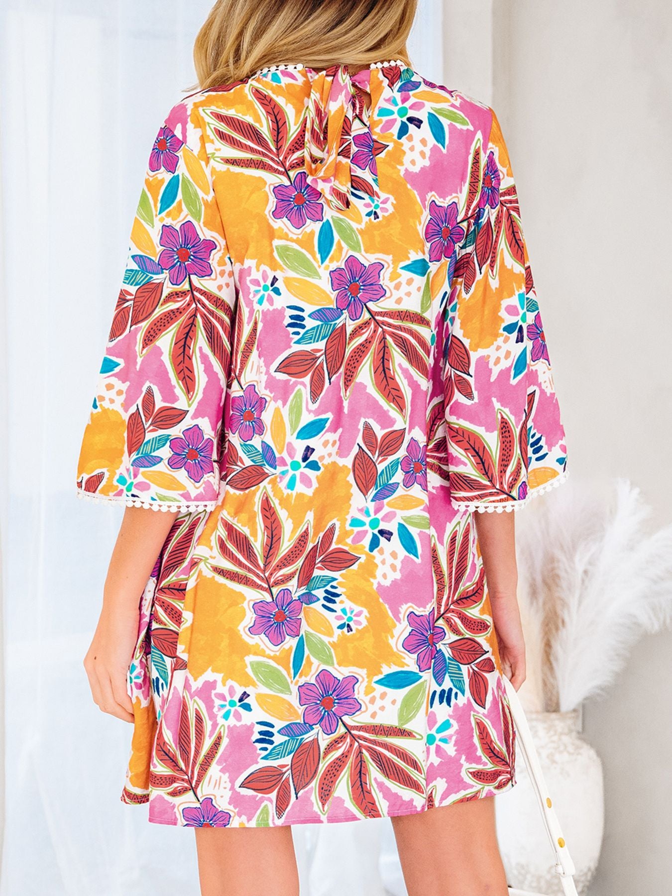 Floral Print Lace Trimmed Tie Back Bell Sleeve Swing Mini Dress