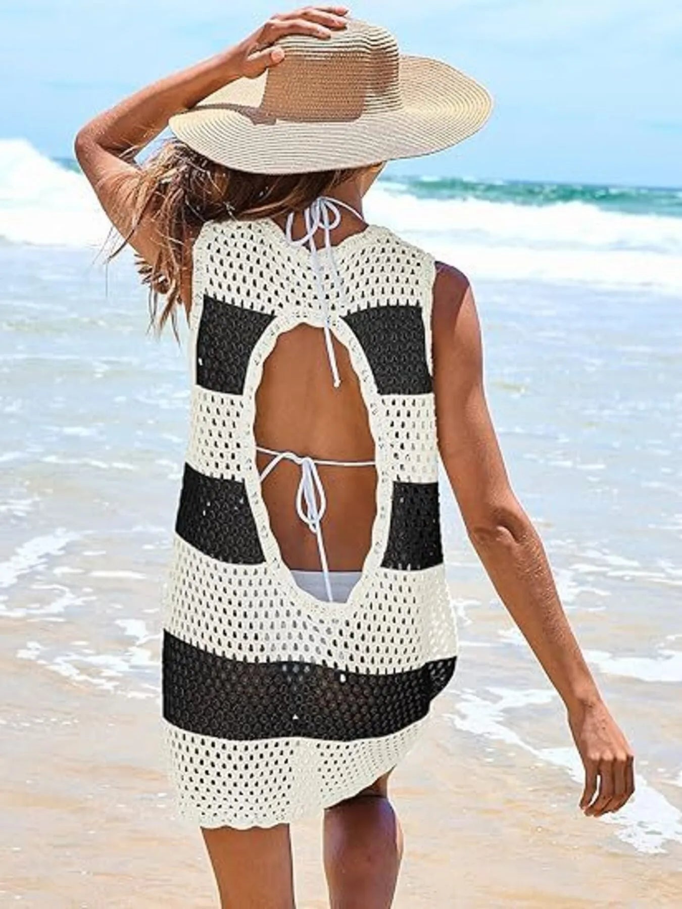 Color Block Openwork Sleeveless Cutout Back Cover-Up Mini Dress