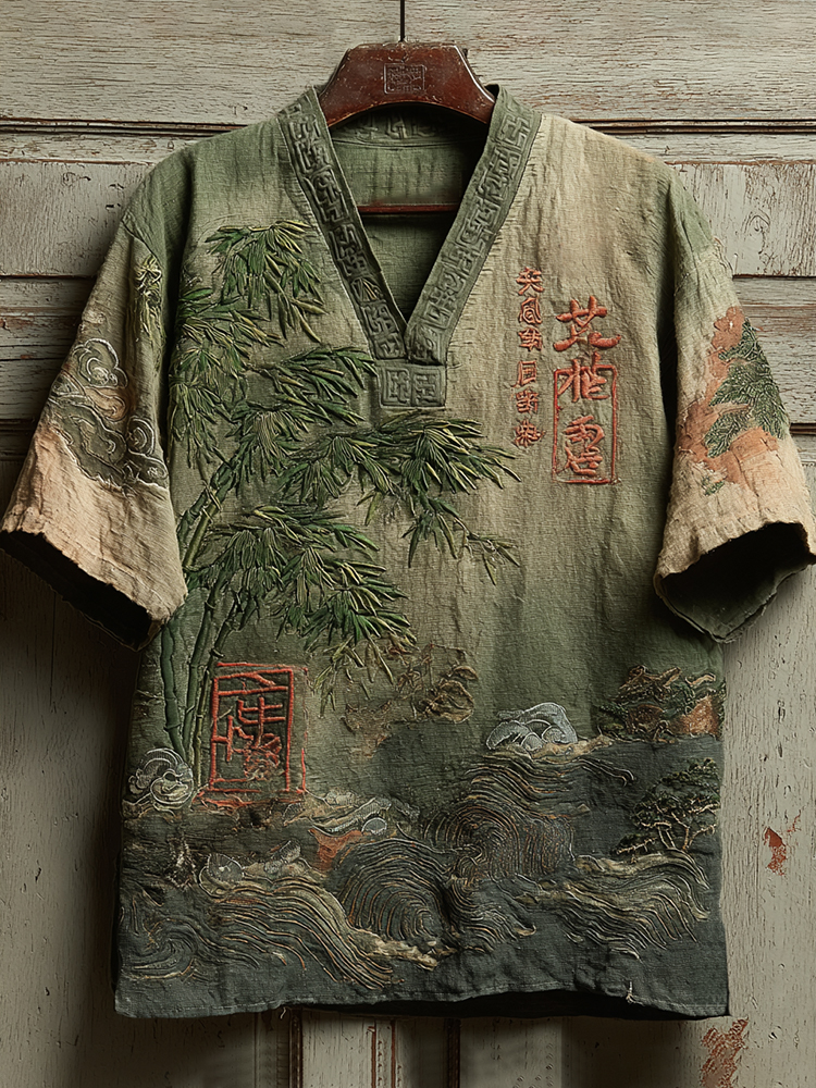Japanese Bamboo Art Embroidered Linen Shirt