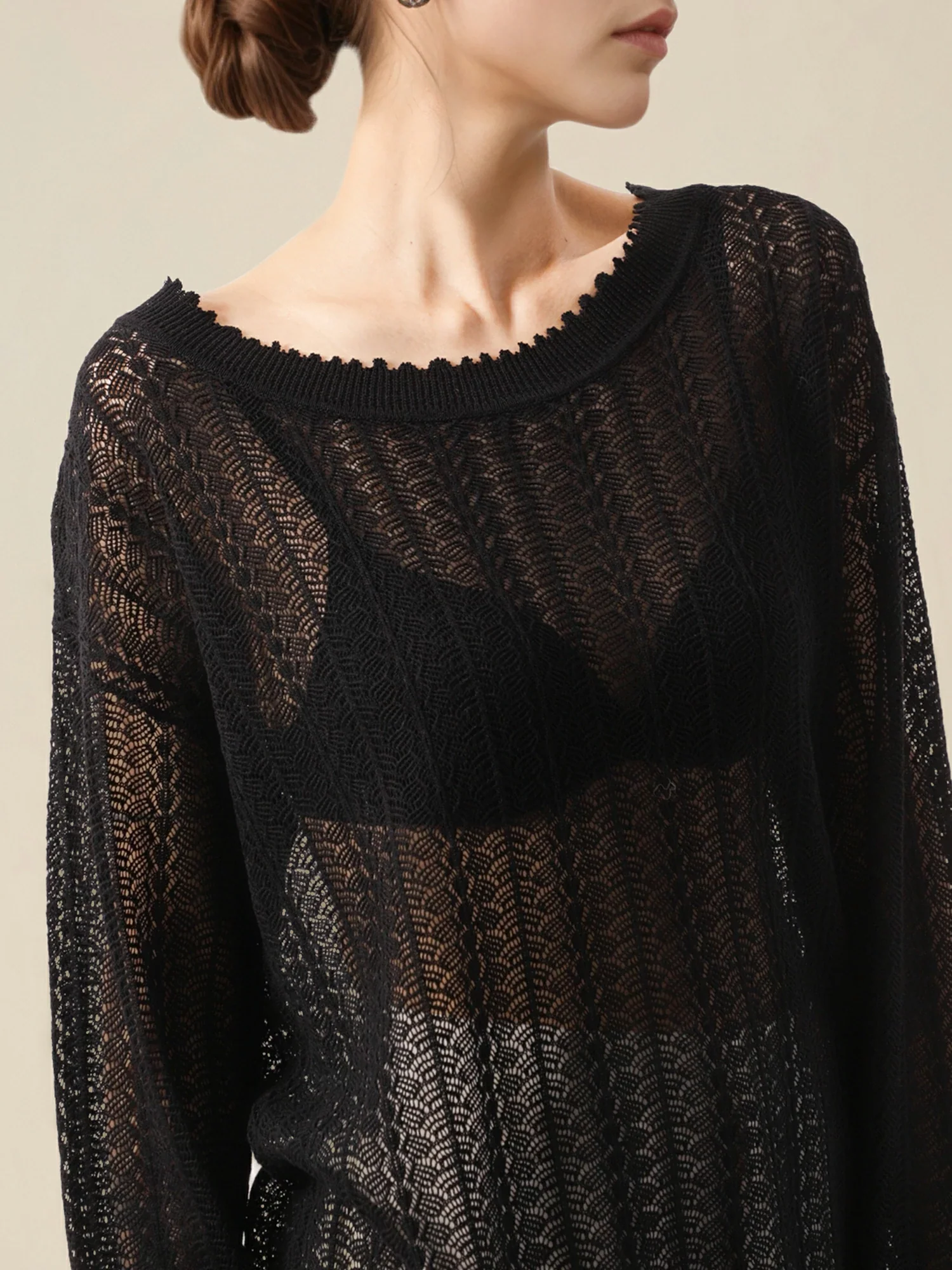 Linen & Lyocell Round Neck Hollow Top