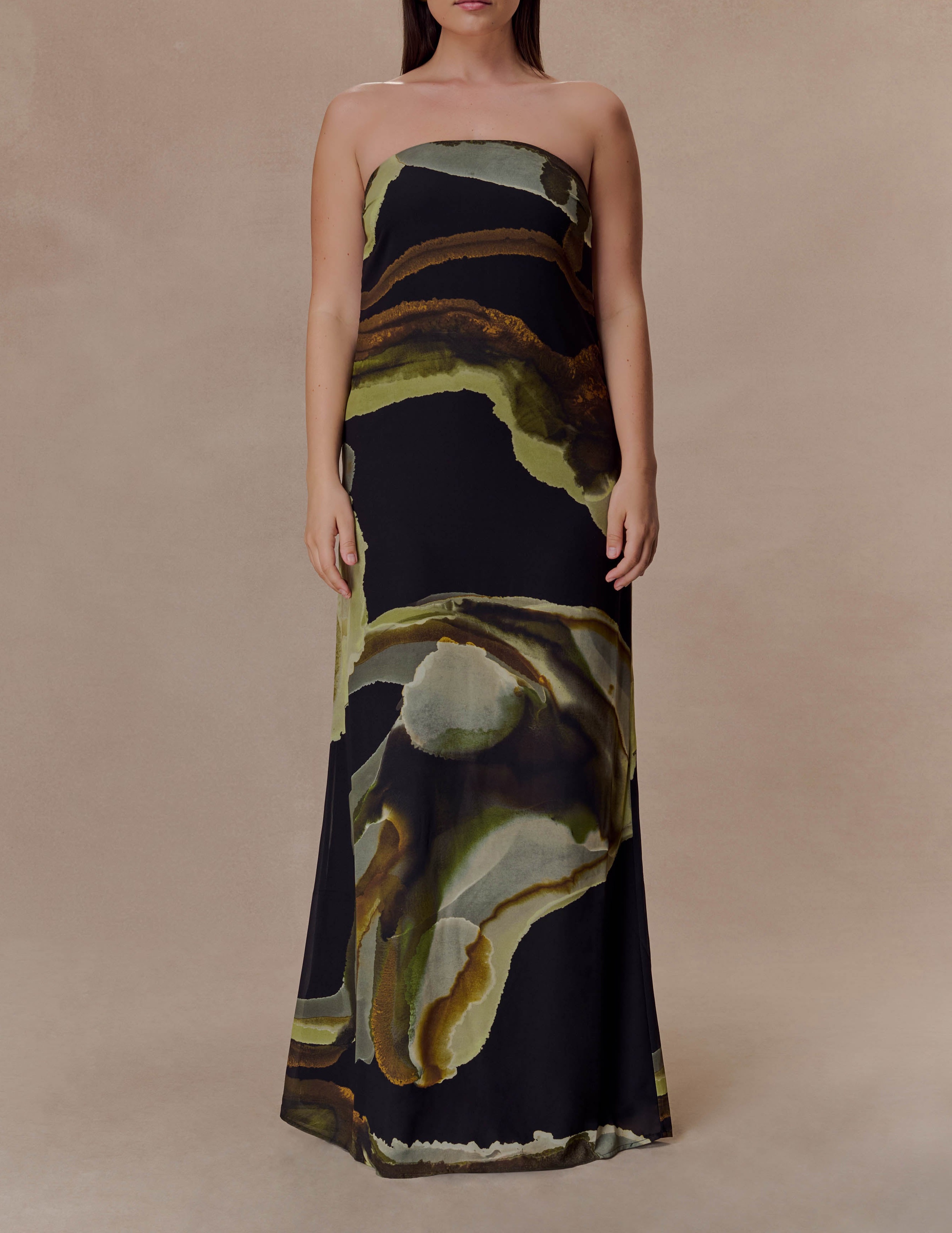 Print Strapless Chiffon Maxi Dress