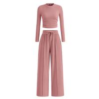 2-Piece Ribbed Knit Long Sleeve Crop Top Wide Leg Pants Matching Lounge Set Loungewear