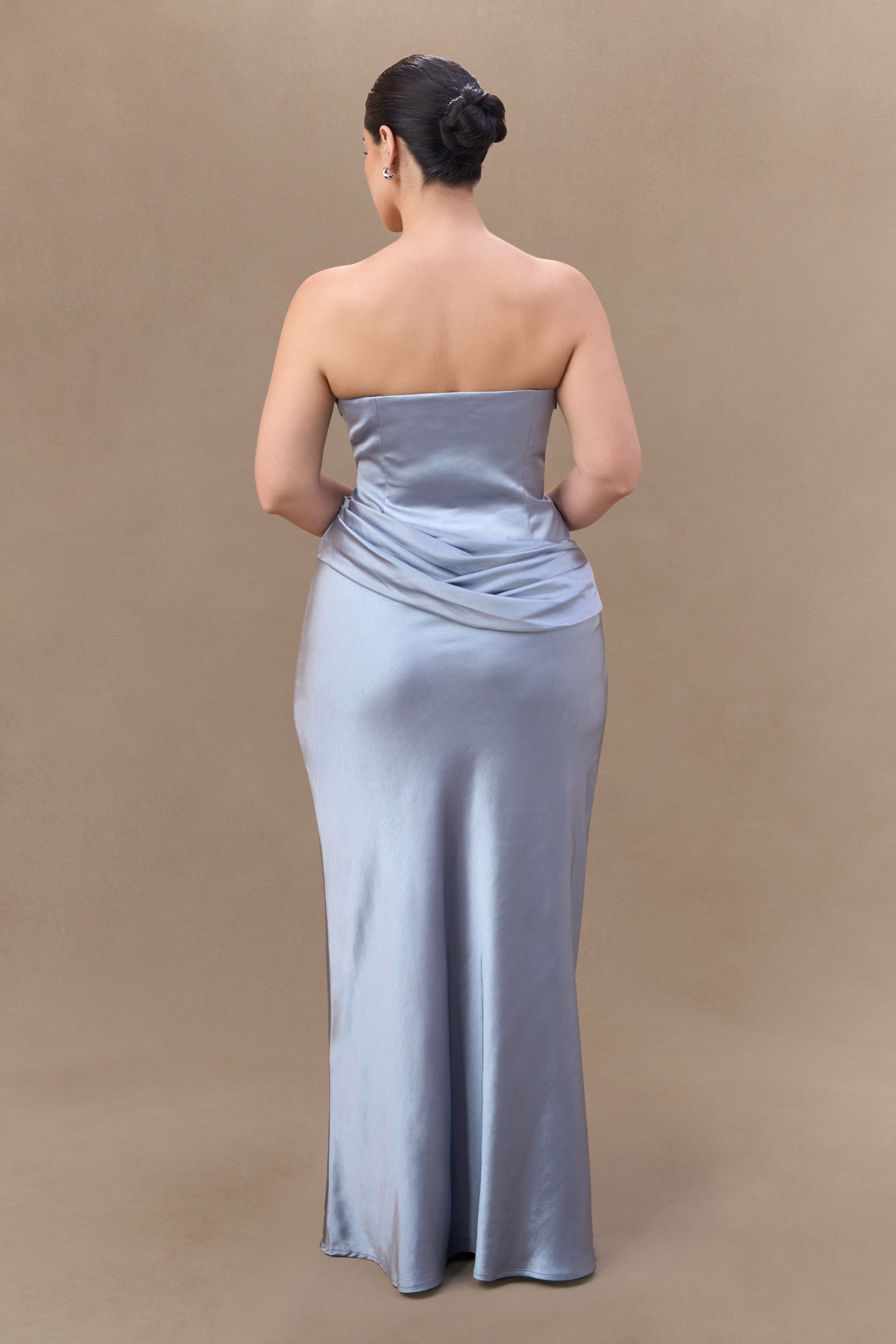 Blue Strapless Satin Maxi Dress