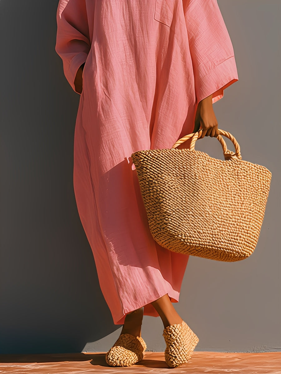 Women's Blush Pink Linen Dress With Three-Quarter Sleeves & Maxi Length, Timeless Resort-Casual Style Dress MDZ2250A5I