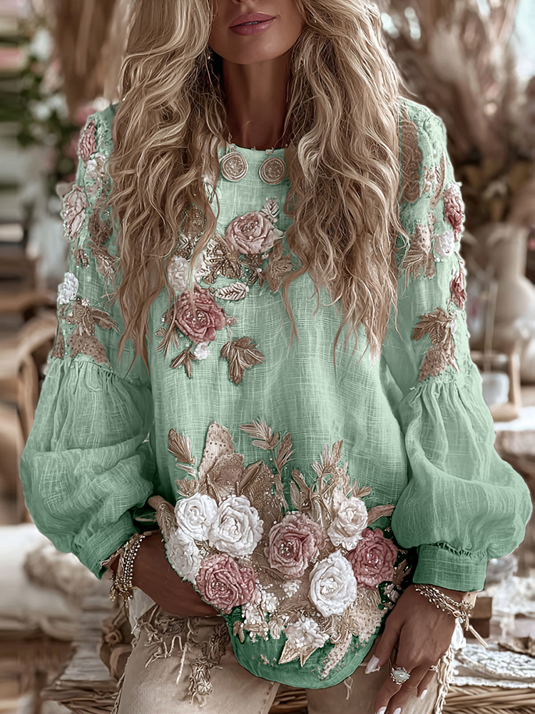 Women's Vintage Romantic White Rose Embroidery Art Comfy Linen Long Sleeve Shirt