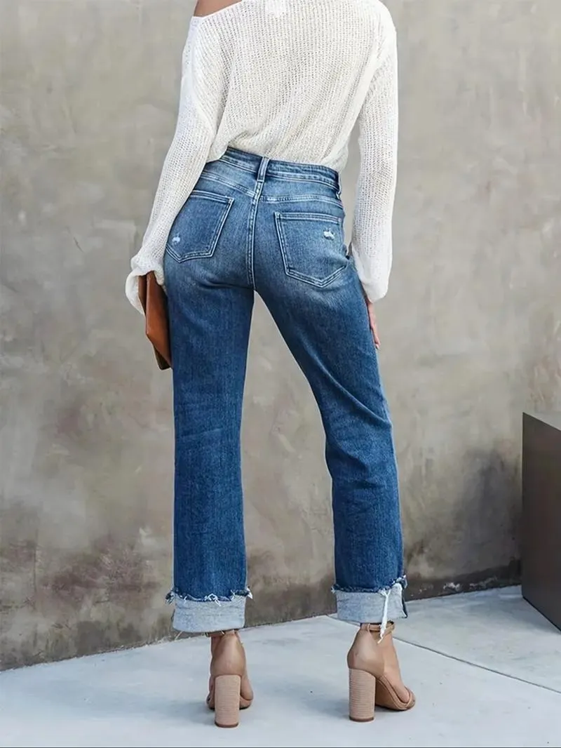 Women's Solid Color Jeans, Casual Comfy Denim Pants for Daily Wear, Ladies Bottoms for All Seasons
