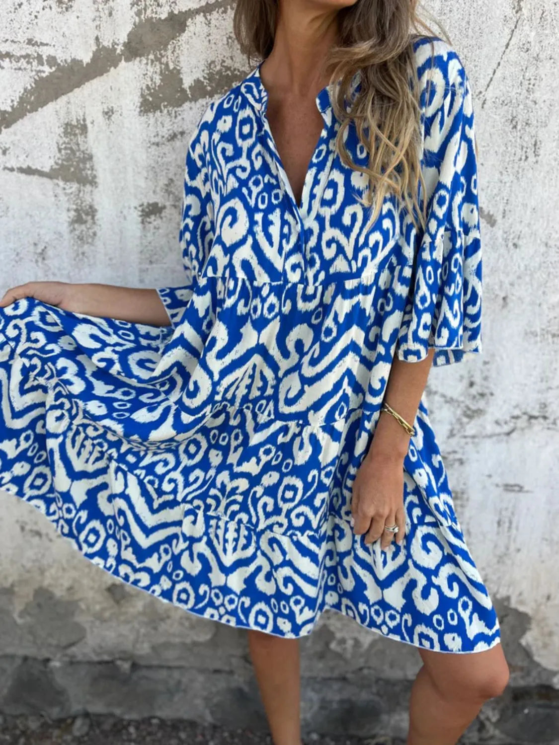 Plus Size Ethnic Print Notched Half Sleeve Midi Dress