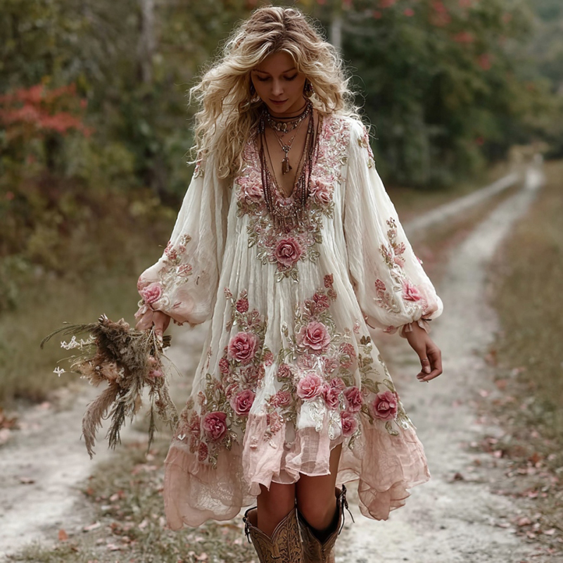 Women's Vintage Floral Embroidery Art Comfy Linen Maxi Dress