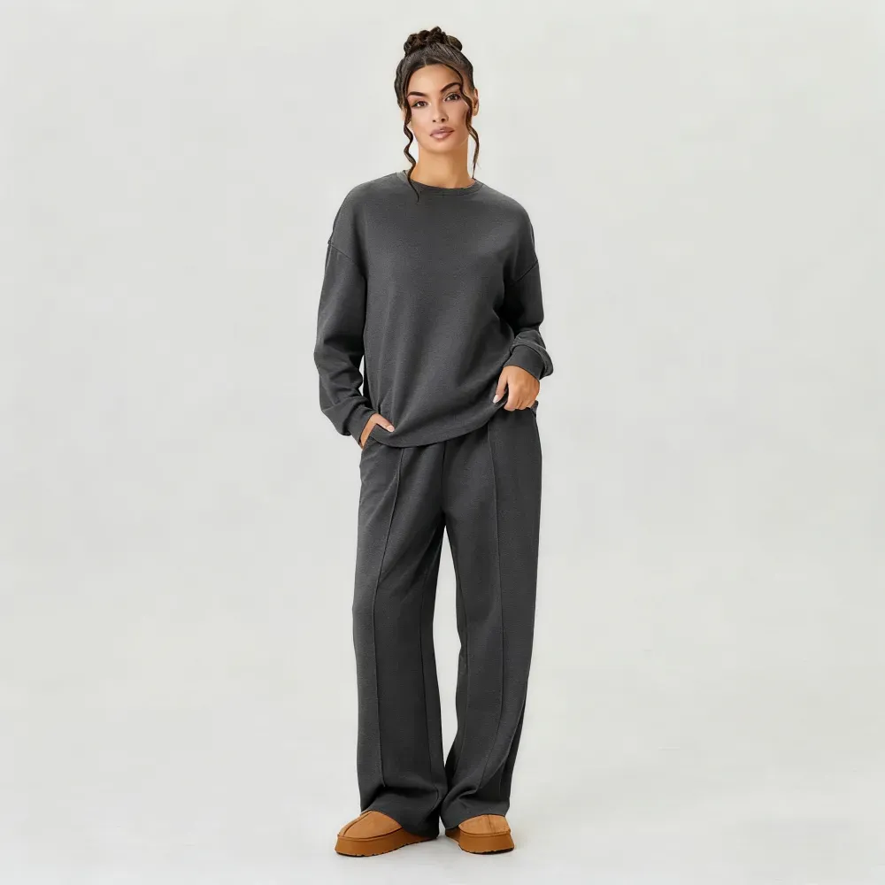 Women's Casual Solid Color Loose Long Sleeve Top & Exposed Stitches Trousers Co-ord