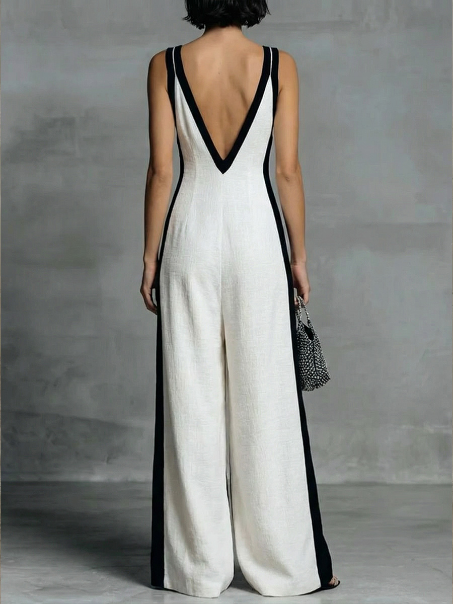 Patchwork Linen And Cotton Sleeveless Jumpsuit