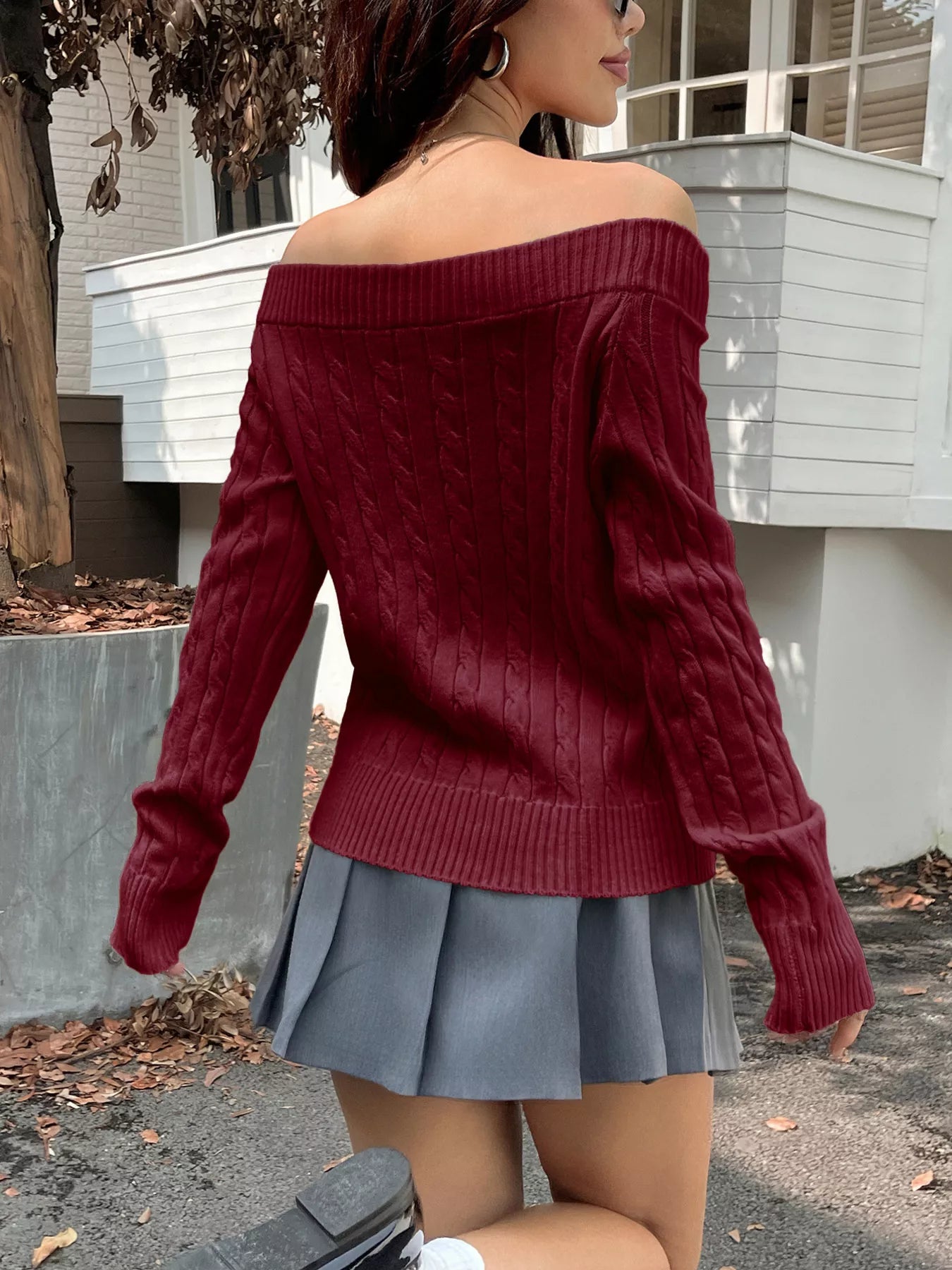 Off-Shoulder Cable Knit Sweater