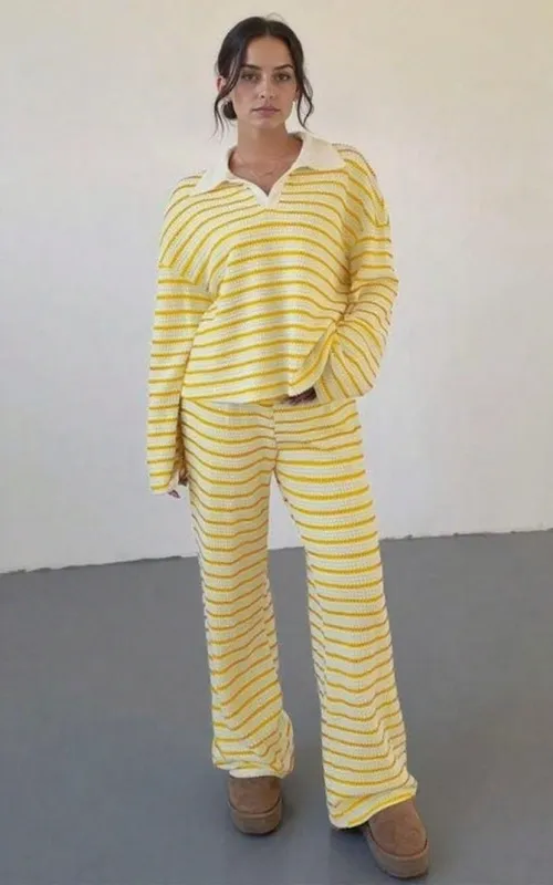 Women's casual color-block striped two-piece set