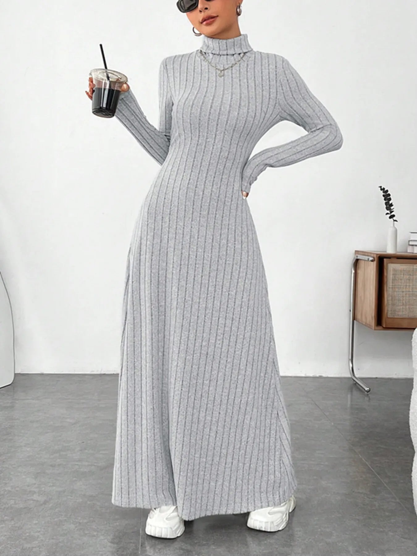 Ribbed Turtleneck Long Sleeve Maxi Knit Dress