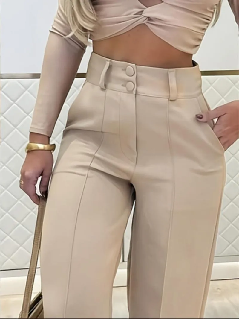 Women's Simple Wide-Leg Pants with Double Button Front