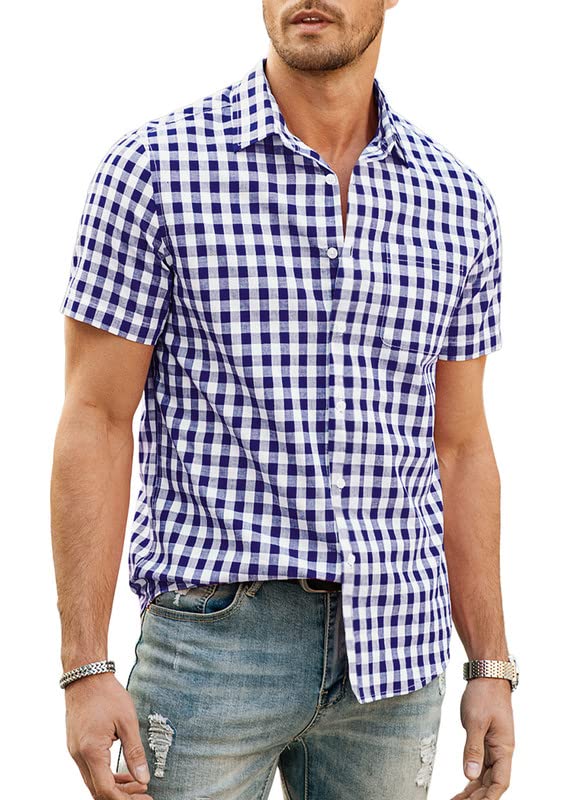 Mens Casual Button Down Shirts Short Sleeve 100% Cotton Plaid Shirts for Men