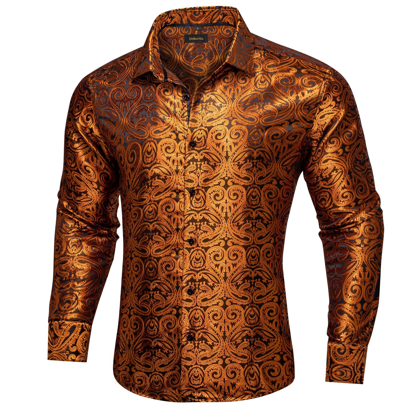 Men's Paisley Dress Shirt Long Sleeve Wrinkle Free Button Down Cowboy Shirts - Burnt Orange&paisley