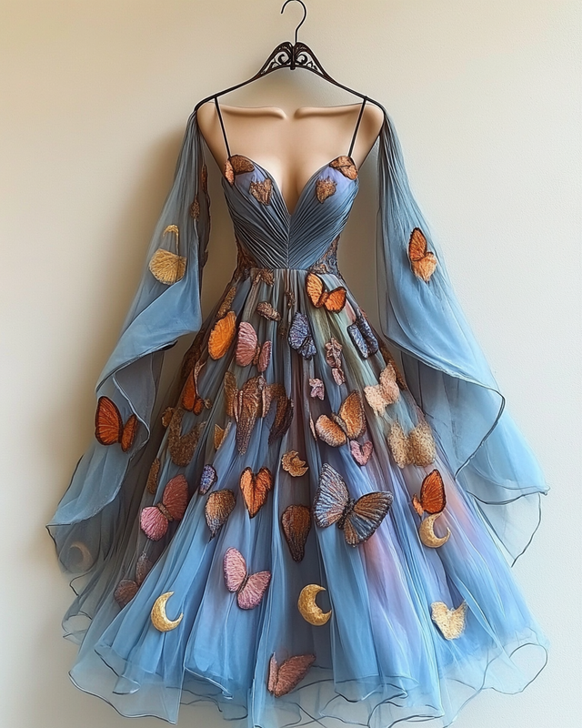 Handmade star and moon embroidery suspender dress b75e