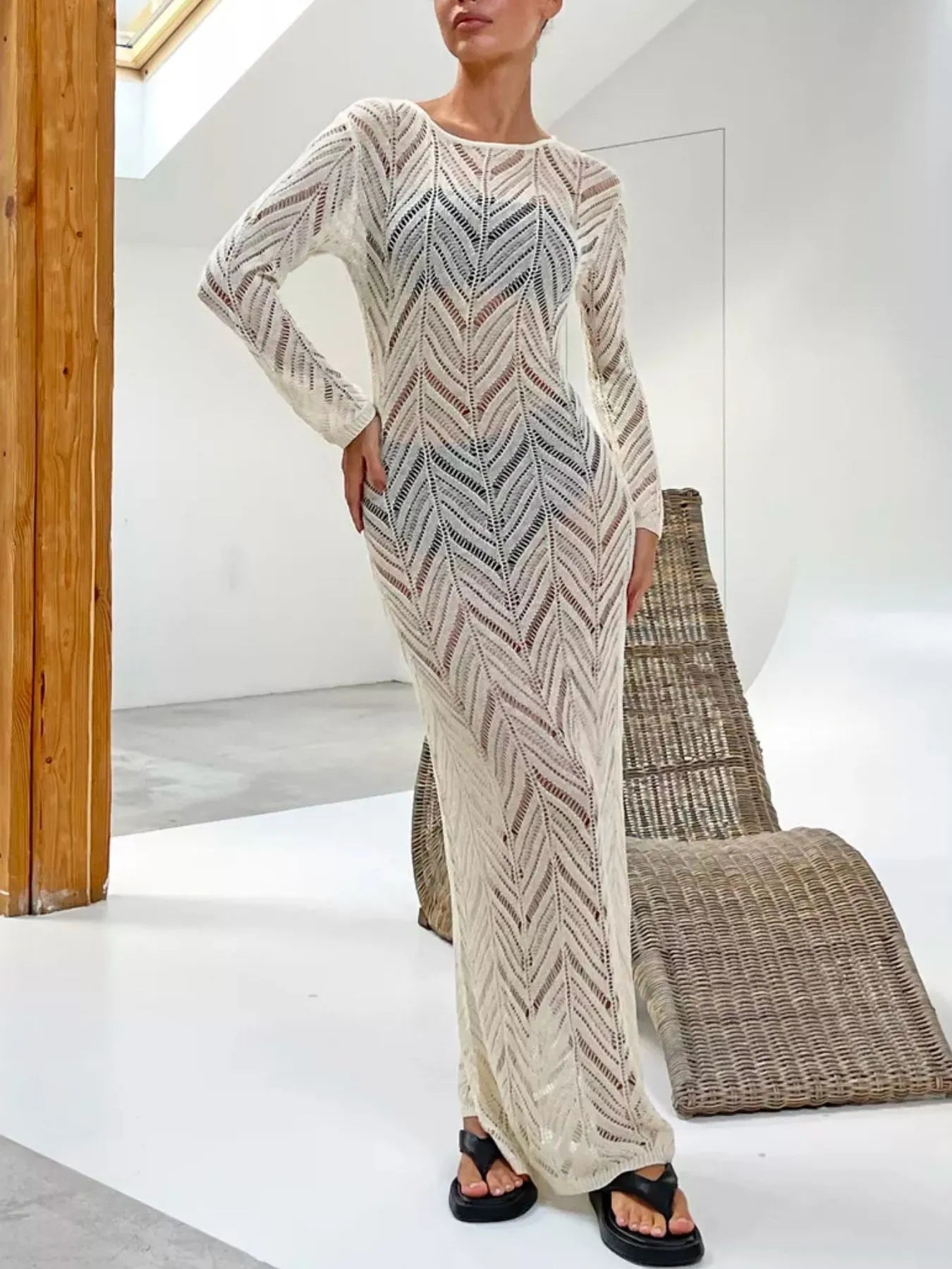 Openwork Long Sleeve Knit Cover Up Dress