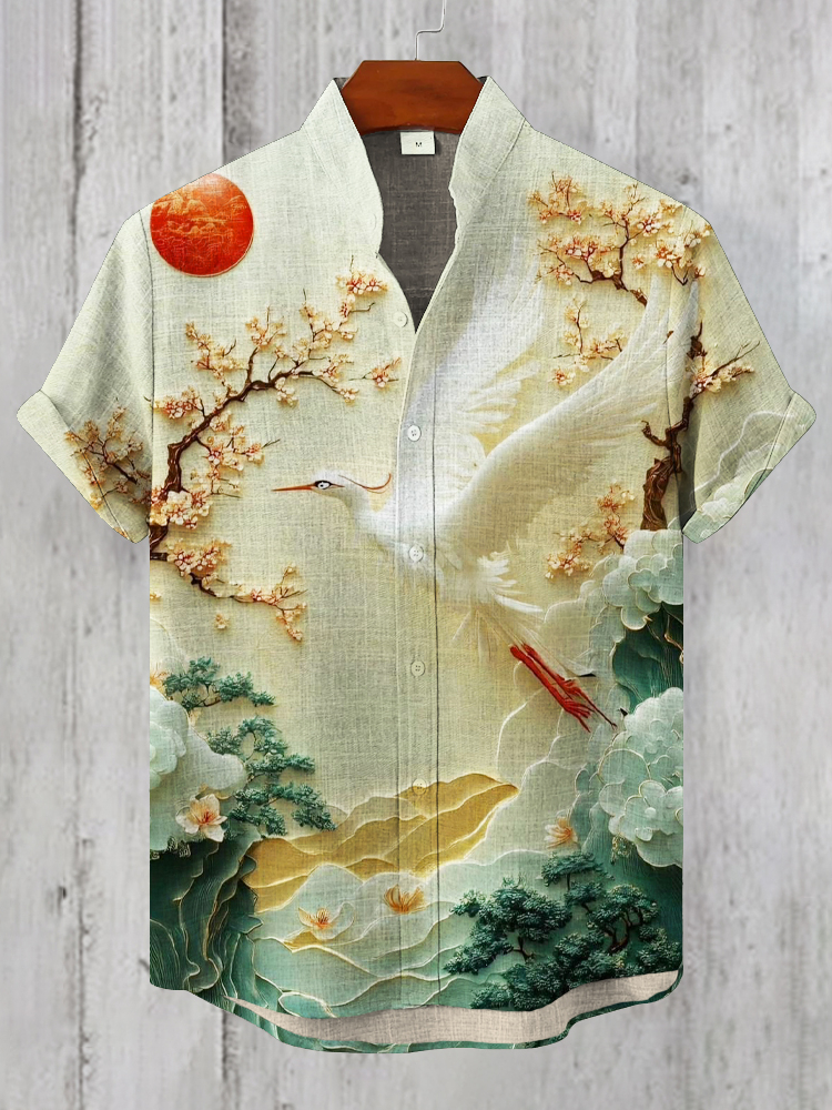 Japanese Art Crane Print Men's Linen Short Sleeve Shirt