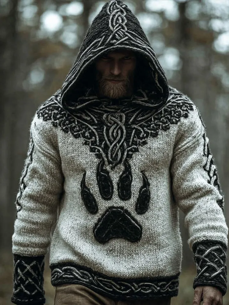 Men's Viking Style Wolf Claw Contrasting Thick Needle Hooded Sweater