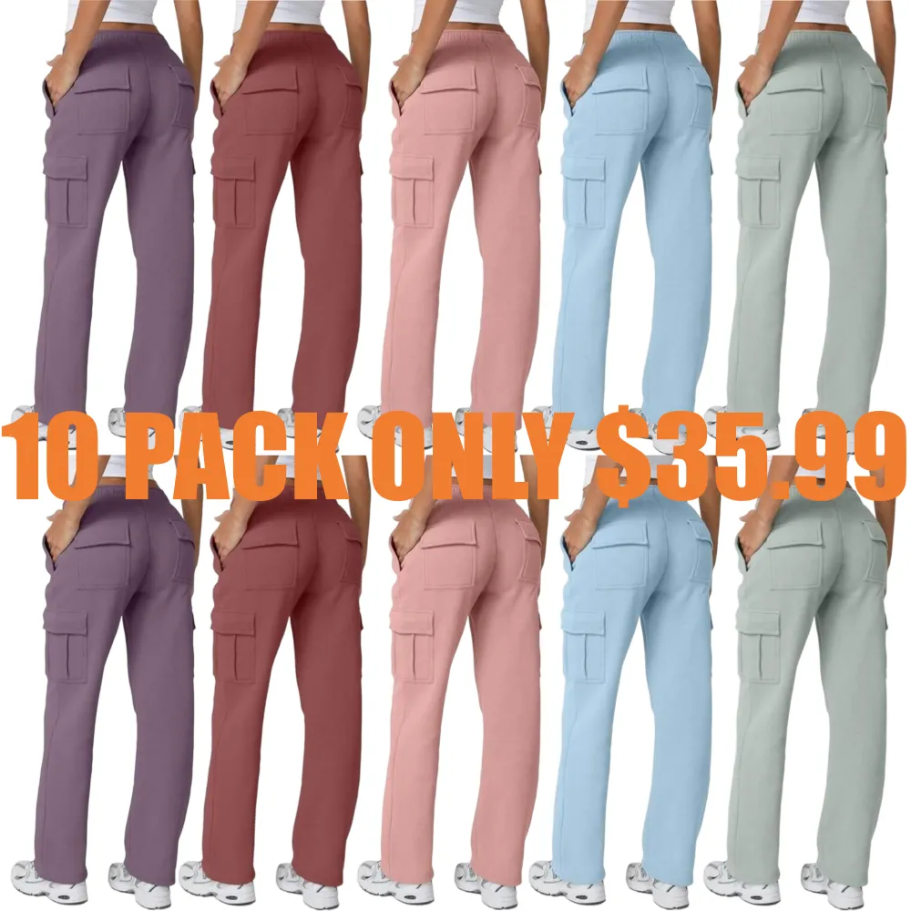 Women's multi-pocket solid color pants