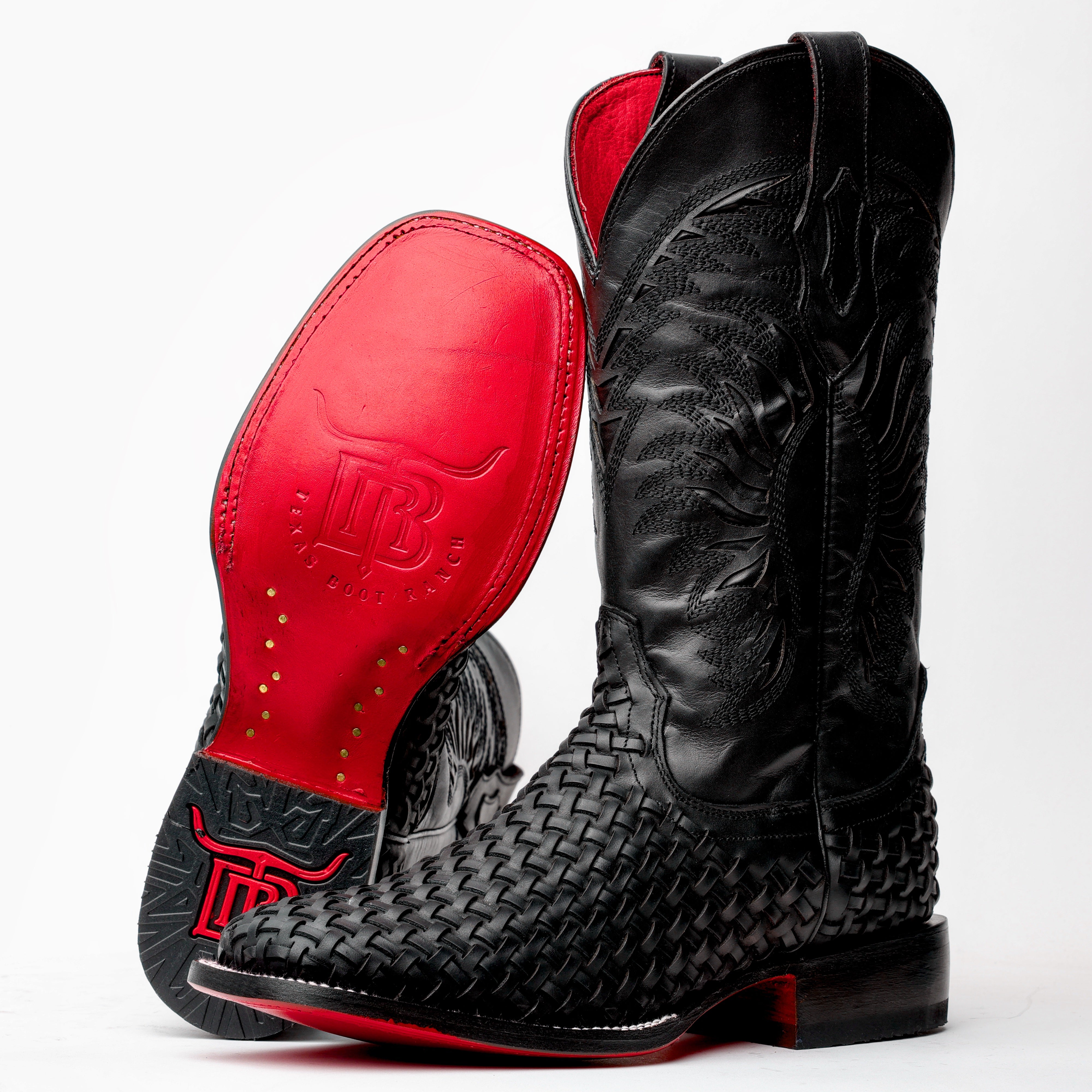 Black Basketweave Leather Boots - Square Toe