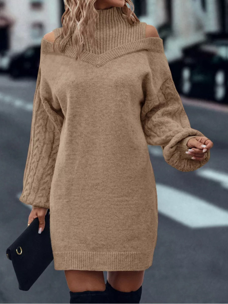 （ In stock）Women Half High Neck Off-Shoulder Long Sleeve Knitted Dress