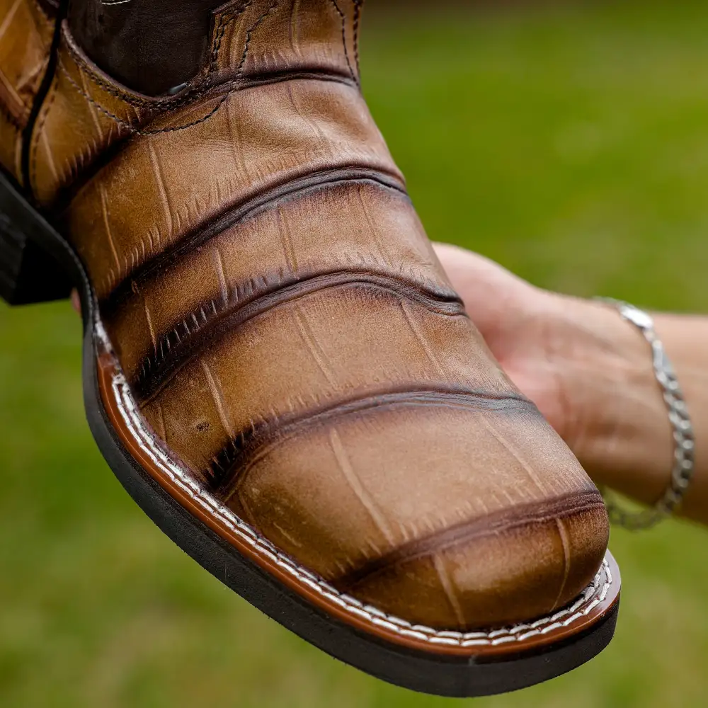 Moka American Gator Belly Leather Boots With Lightweight Soles - Square Toe