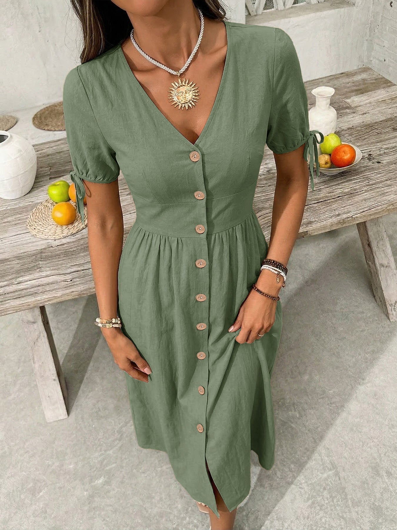 Button-Down Short Sleeve Midi Dress