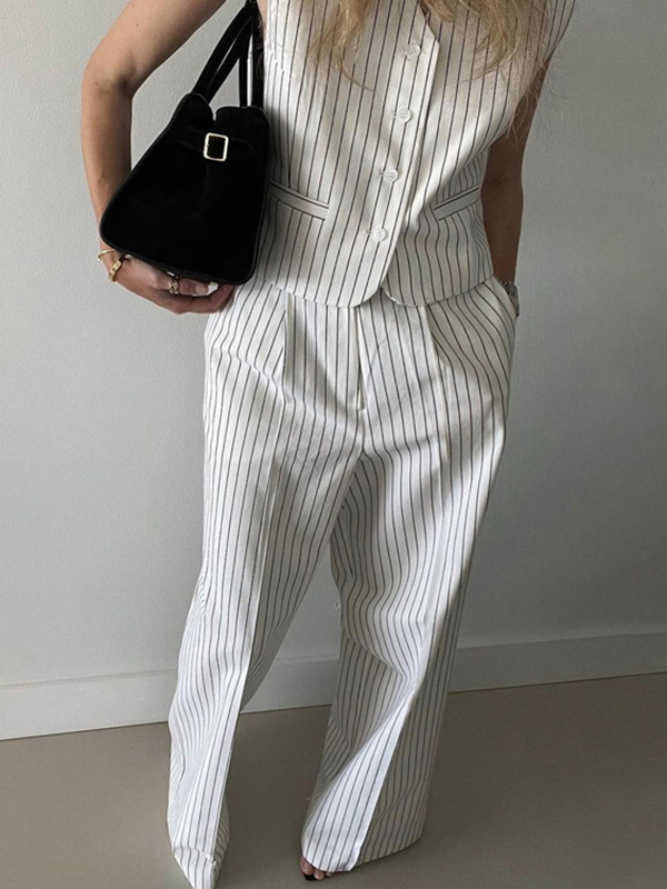 Striped Loose Sleeveless Buttoned V-Neck Vest Top + Pockets Pants Bottom Two Pieces Set
