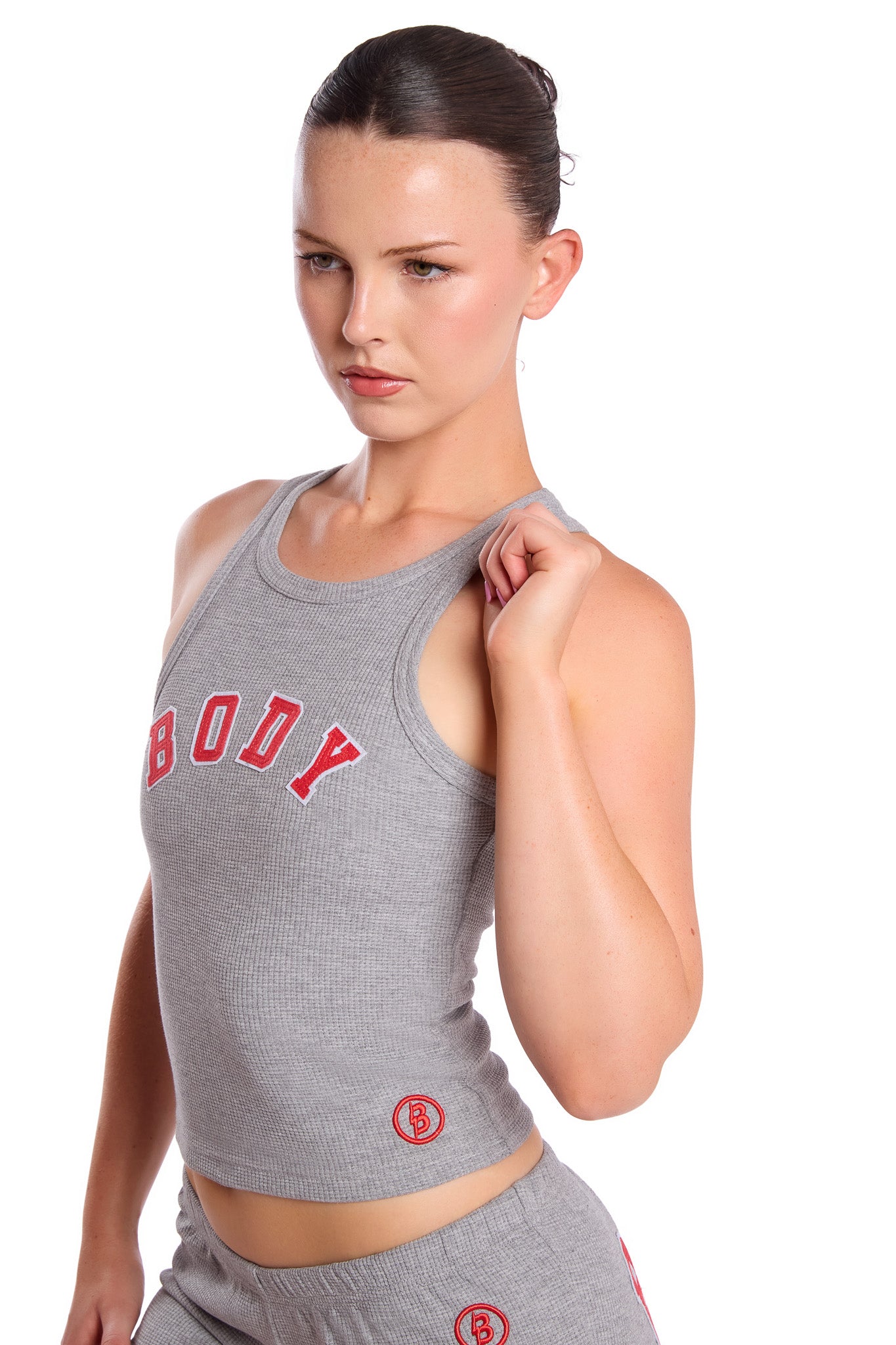 WAFFLE KNIT RACERBACK TOP (HEATHER GREY/RED)