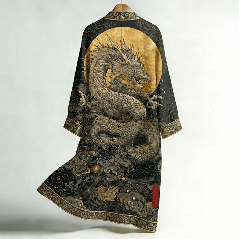 Men's Retro Japanese Dragon And Auspicious Cloud Print Linen Long Kimono