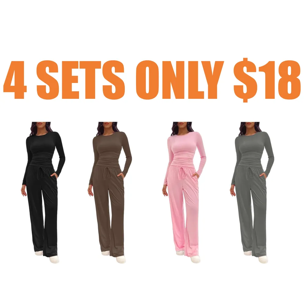 Women's Solid Ruched Tee & Drawstring Pocket Pants Lounge Set
