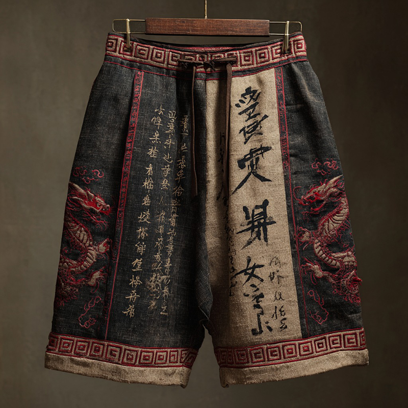 Men's Japanese Calligraphy And Dragon Art Linen Shorts