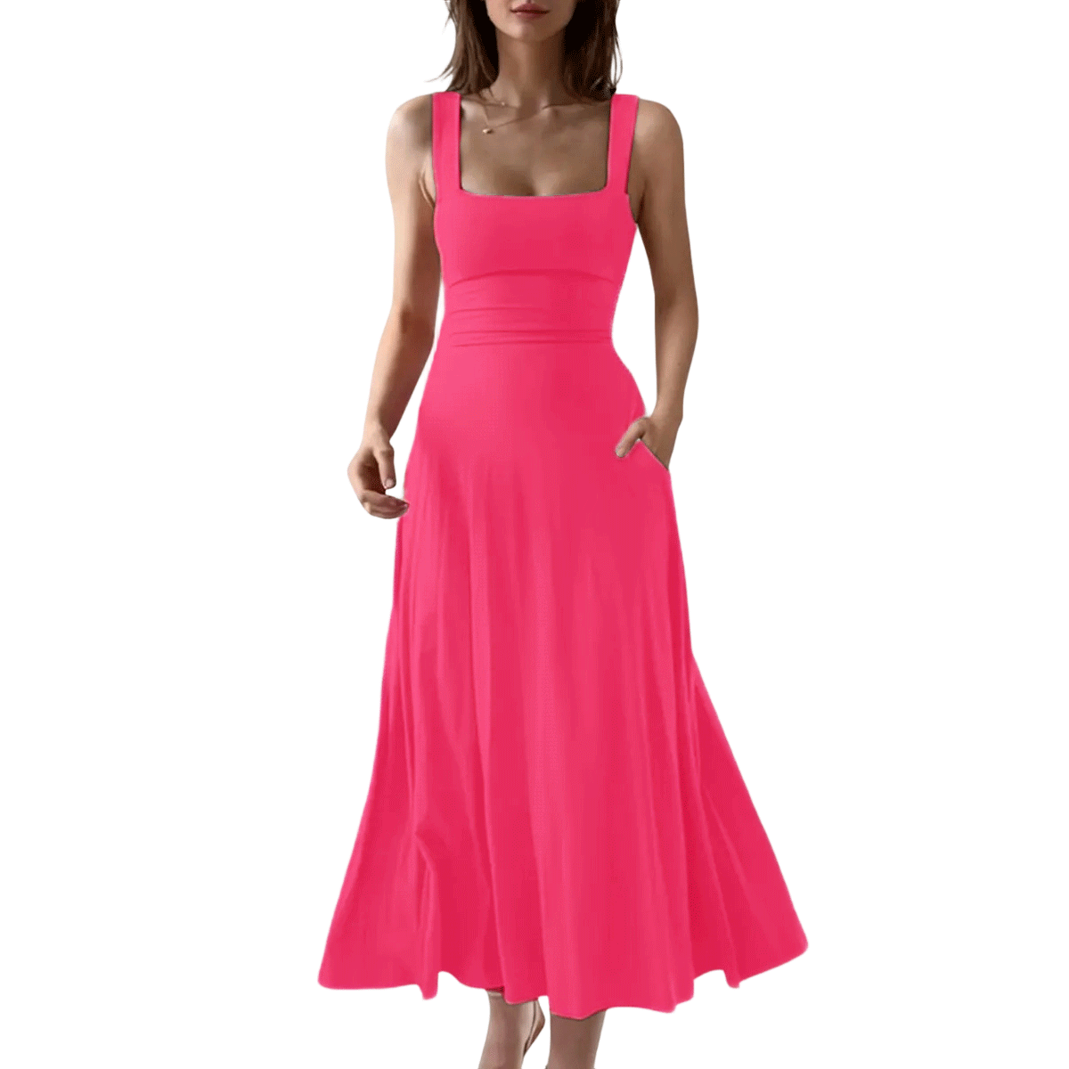 👗👗 Women’s Square Neck A-Line Flowy Dress with Pockets
