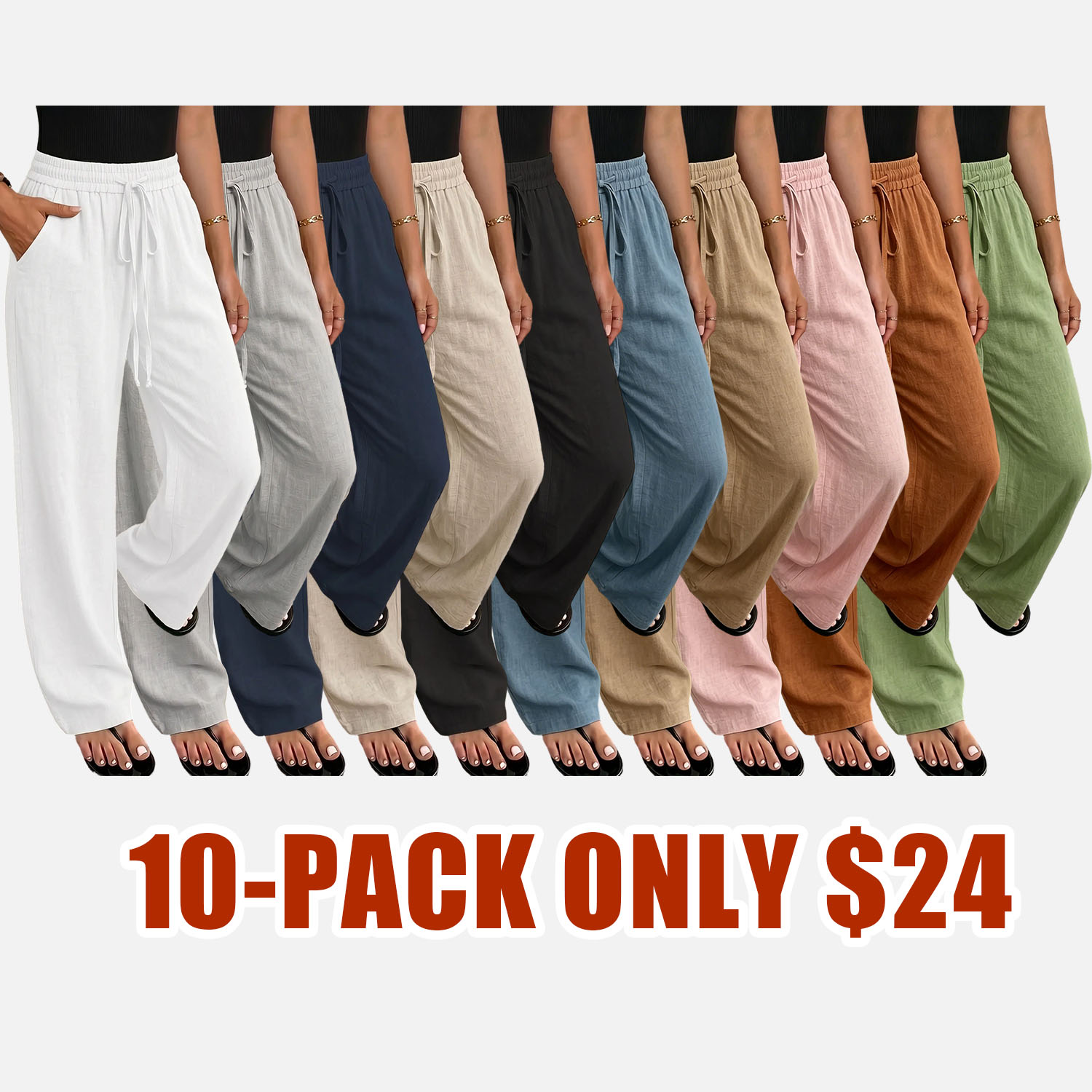 🌞 Women’s Summer Wide-Leg Pants 🌞— high-waisted, drapey, loose straight cut, lightweight linen, drawstring casual long pants