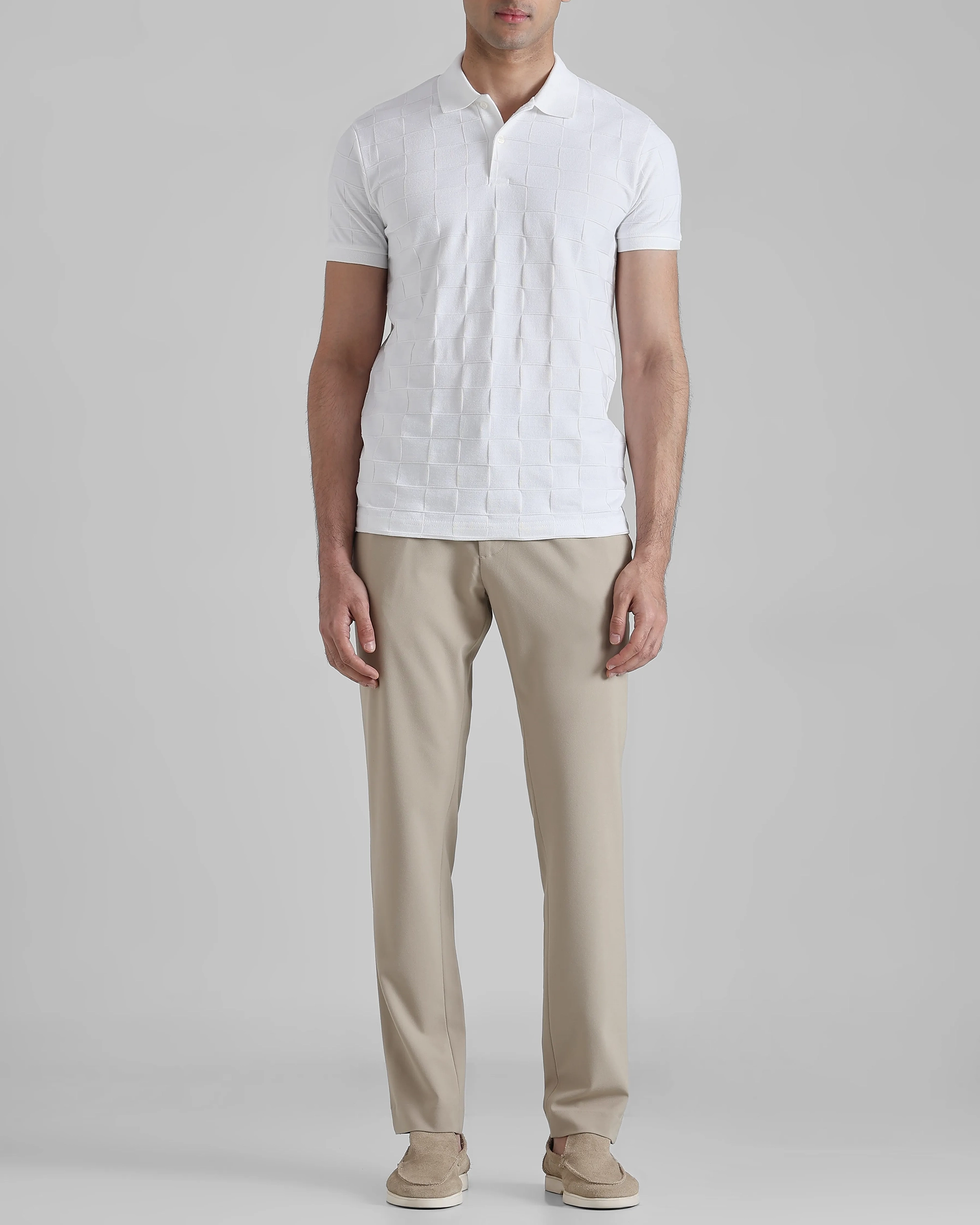 Casual Minimalist White Plaid Texture Polo Shirt